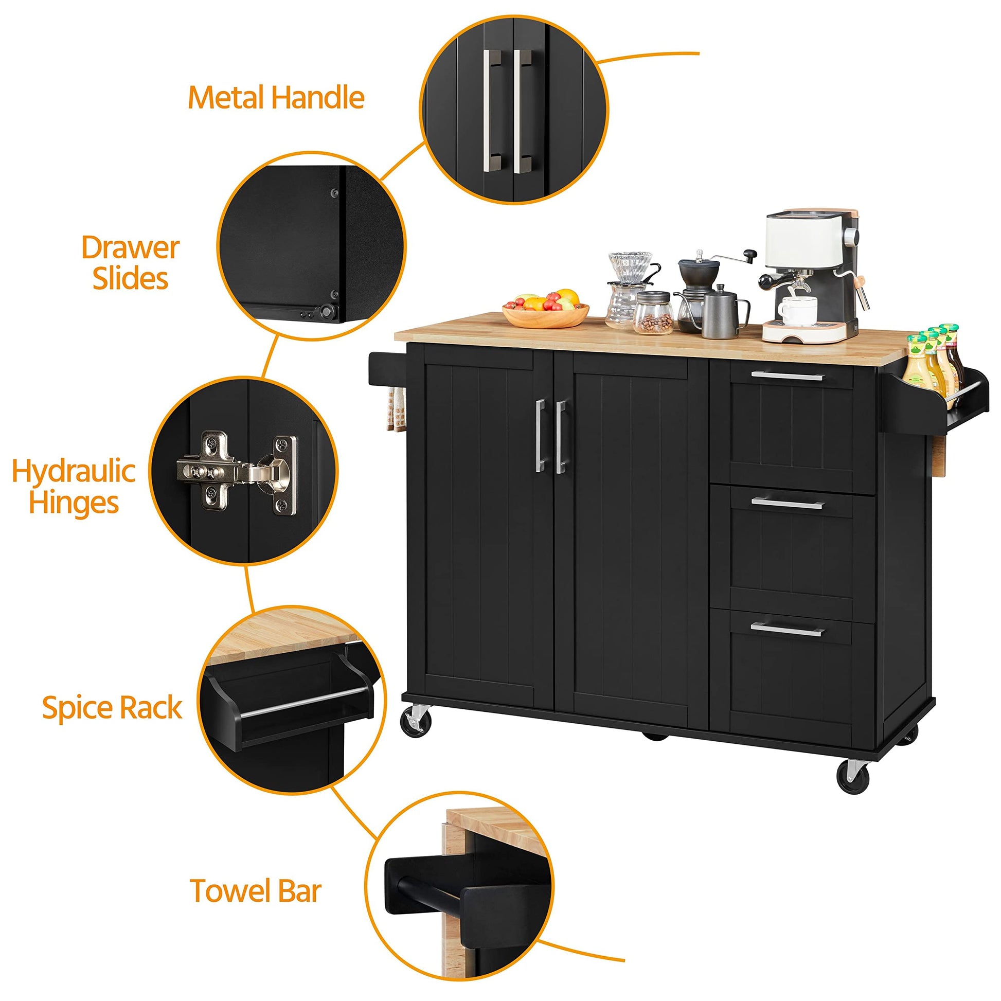 Yaheetech Black Kitchen Island Cart with Drop-Leaf Countertop, Storage Cabinet, and 3 Drawers on Wheels - WoodArtSupply