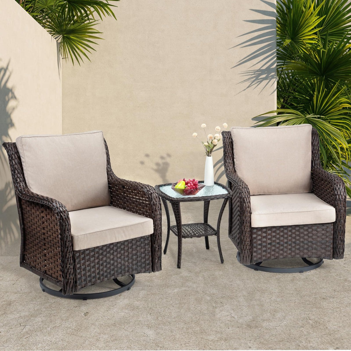 Towallmark Outdoor Swivel Wicker Glider Patio Chairs with Table Set, 3 Pieces Outdoor Bistro Set with 4”Thick Cushions and Coffee Table for Porch, Balcony, Deck (Beige) Towallmark