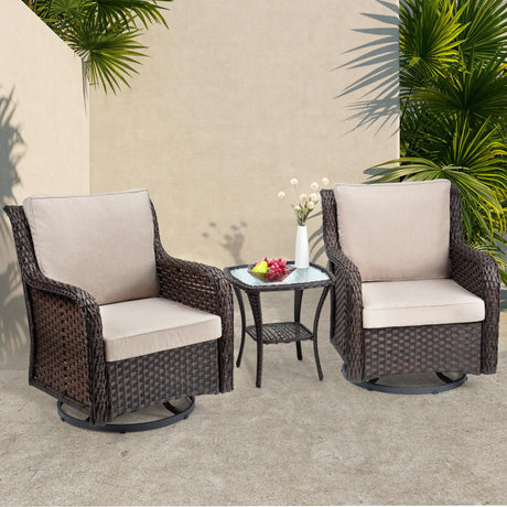 Towallmark Outdoor Swivel Wicker Glider Patio Chairs with Table Set, 3 Pieces Outdoor Bistro Set with 4”Thick Cushions and Coffee Table for Porch, Balcony, Deck (Beige) Towallmark