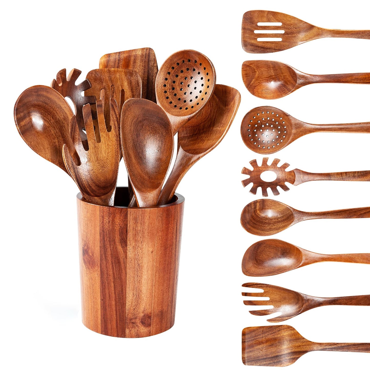 WOSPONFAN 9 PCS Kitchen Utensils Set - Wooden Spoons for Cooking, Natural Teak Wooden Utensils - Includes Wooden Spoons, Spatula Set, Slotted Spoon - - WoodArtSupply