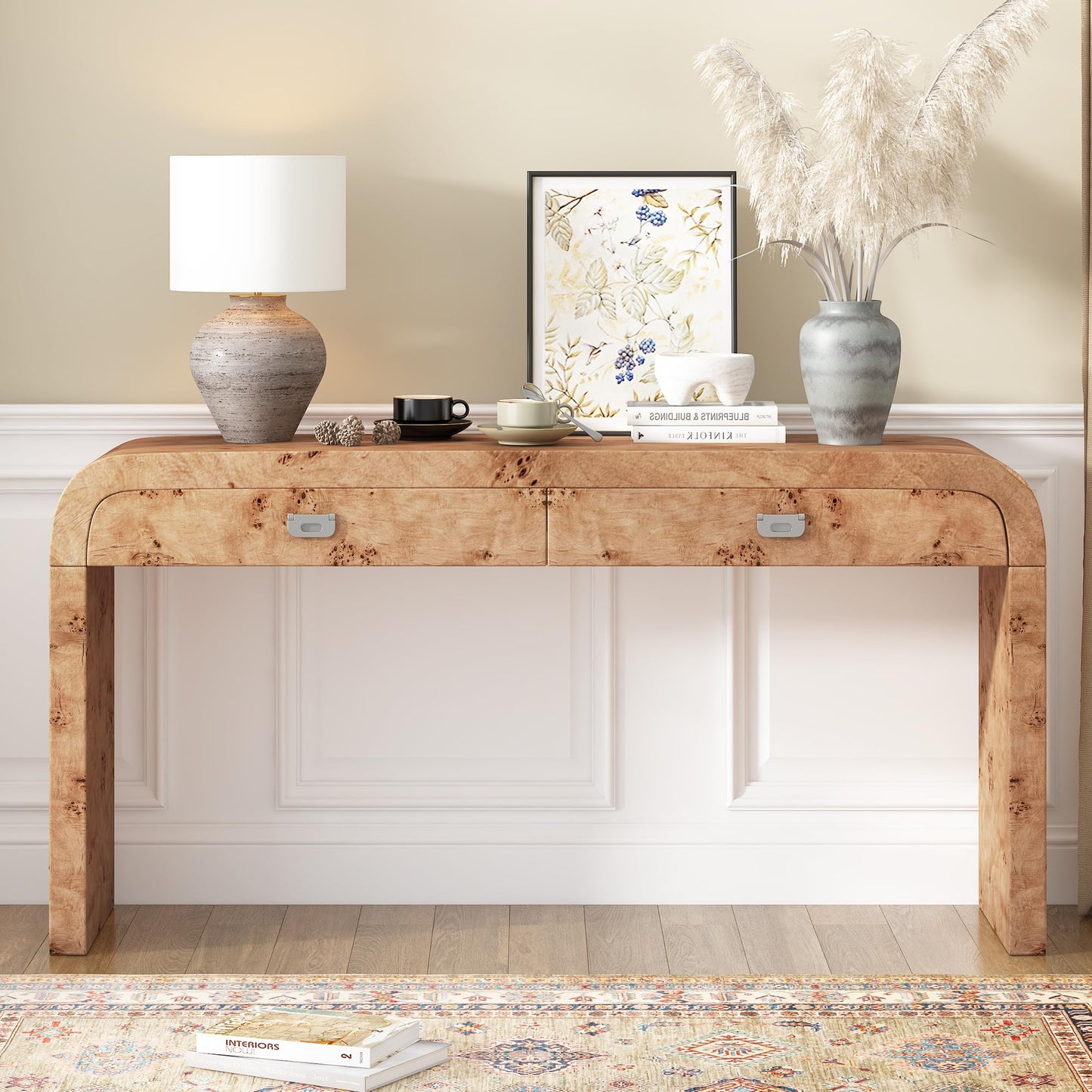 Merax Entryway Console Table, with 2 Storage Drawers, Retro Style/Wood Frame/Behind Couch & Sofa, Natural Brown