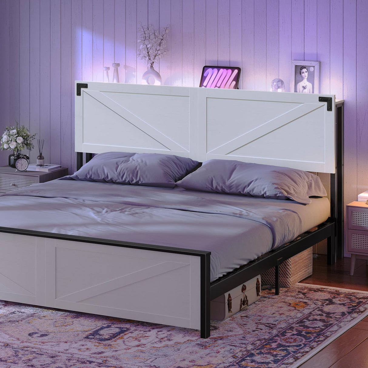 MAHANCRIS King Size Headboard Only, Headboard with 2 Outlets and 4 USB Ports, Farmhouse Headboard, with LED Lights, Secure Storage with Raised Fence, with Bed Frame Adapter, White and Black MAHANCRIS