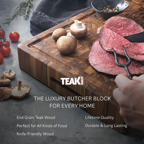 Teakhaus Butcher Block Carving Board - Extra Thick Cutting Board with Juice Groove and Grip Handles - Teak End Grain Wood - Knife Friendly - FSC Teakhaus