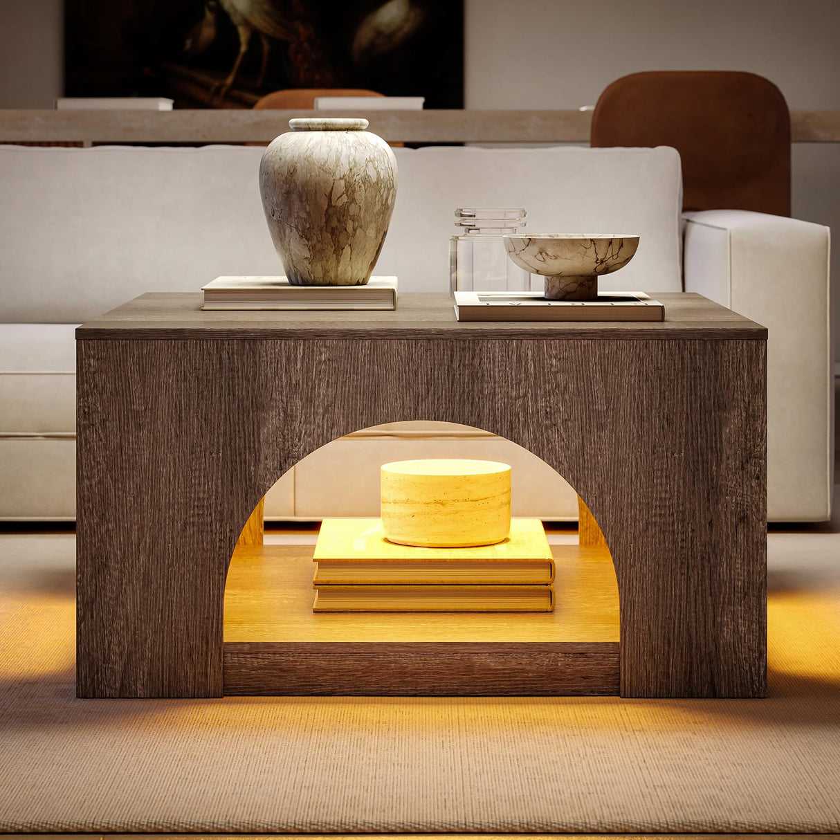 LIKEMET Large Coffee Table, 35.5-Inch LED Center Table with Storage, Square Low Table for Living Meeting Room, Easy Assembly LIKEMET