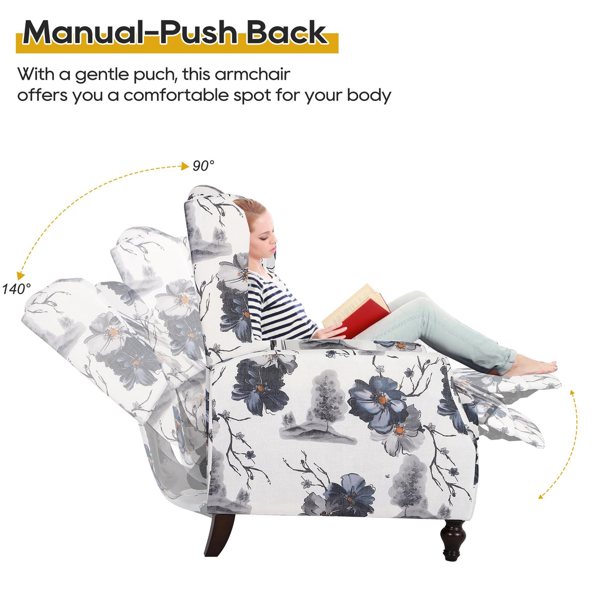 GUEAPY Mid-Century Modern Wingback Recliner Chair, Upholstered Push-Back Manual Recliner for Adults, Floral Accent Chair with Solid Wood Legs for Living Room & Bedroom, Blue GUEAPY