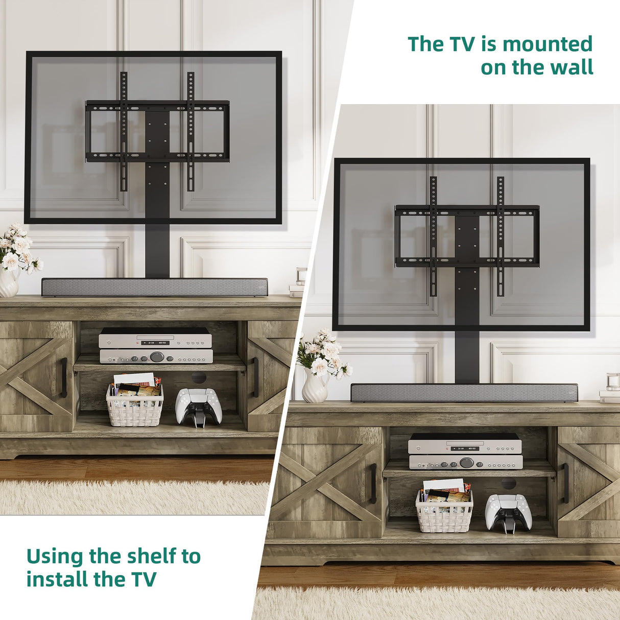 YITAHOME Farmhouse TV Stand with Mount, Sturdy TV Stand Mount for 32/45/55/60/65/70 inch TVs, Entertainment Center with Adjustable Shelf, TV Cabinet Media Console for Living Room, Grey YITAHOME