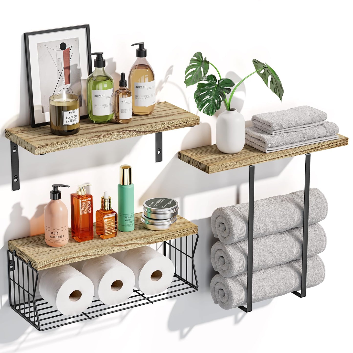 HAMITOR Floating Shelves Wall Mounted Over Toilet: Bathroom Shelf with Towel Rack Paper Holder Storage - Rustic Wood Farmhouse Shelves for Wall Decor/Bathroom - WoodArtSupply