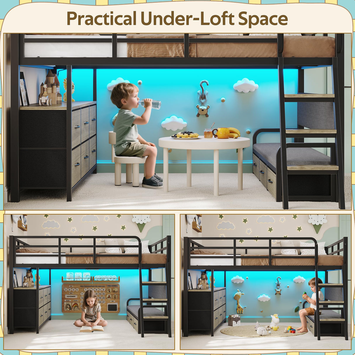 busyaeh Low Loft Bed Full Size,Full Loft Bed for Kids with 9 Storage Drawers & 15.8" H Safety Guardrail & Inclined Ladder & Safety Handrail & LED Lights and Charging Station,Toddler Loft Beds,Oak Gray busyaeh