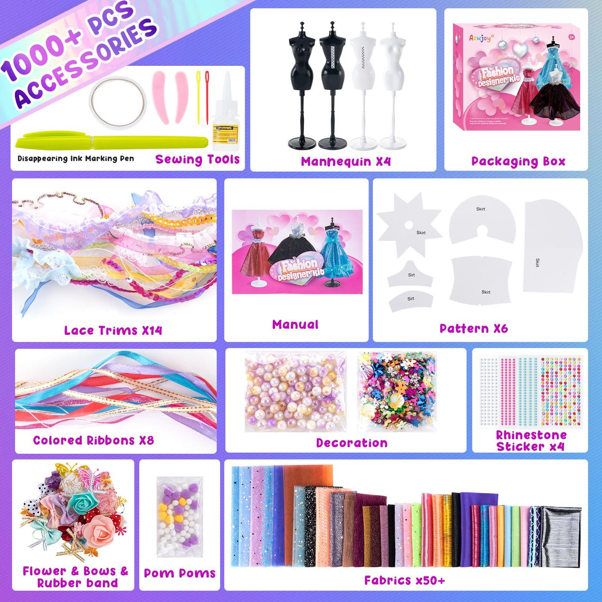1000+ PCS Fashion Designer Kits for Girls - Sewing Kit with 4 Mannequins - DIY Arts and Crafts Kit Doll Clothes Making Set - Designer Dress Girls Toys for Age 6 7 8 9 10 11 12+ Year Old Gifts Aowjoy
