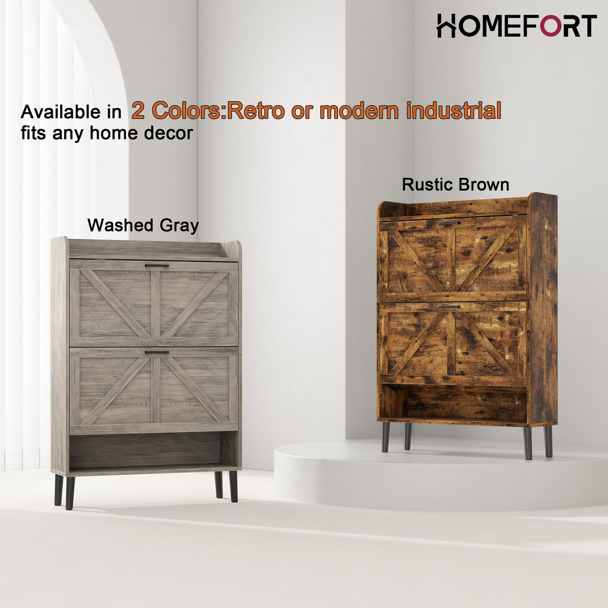 HOMEFORT Shoe Storage Cabinet for Entryway, Slim Shoe Organizer with Two Flip Drawers, Narrow Shoe Rack Cabinet with Wood Legs, Farmhouse Hidden Shoe Cabinet for Front Door Entrance,Rustic Brown HOMEFORT