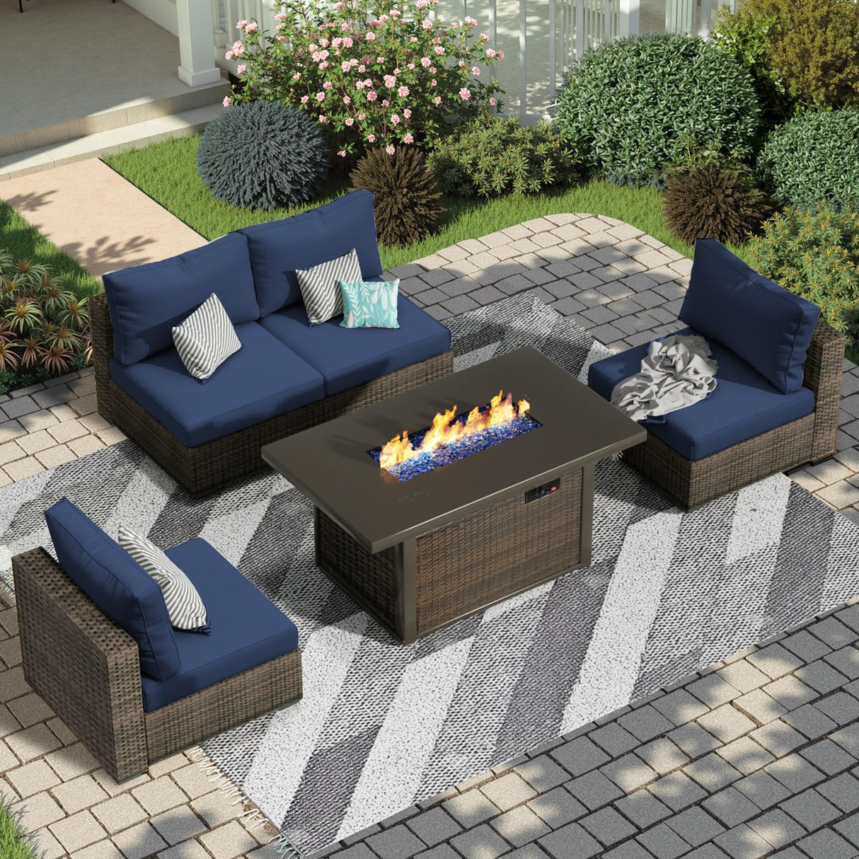 TANGJEAMER 5 Pieces Patio Furniture Set with 44" Fire Pit Table, Rattan Outdoor Sectional Conversation Sets, All Weather Outdoor Furniture Set with Cushions for Garden Lawn Balcony Porch Deck Blue TANGJEAMER