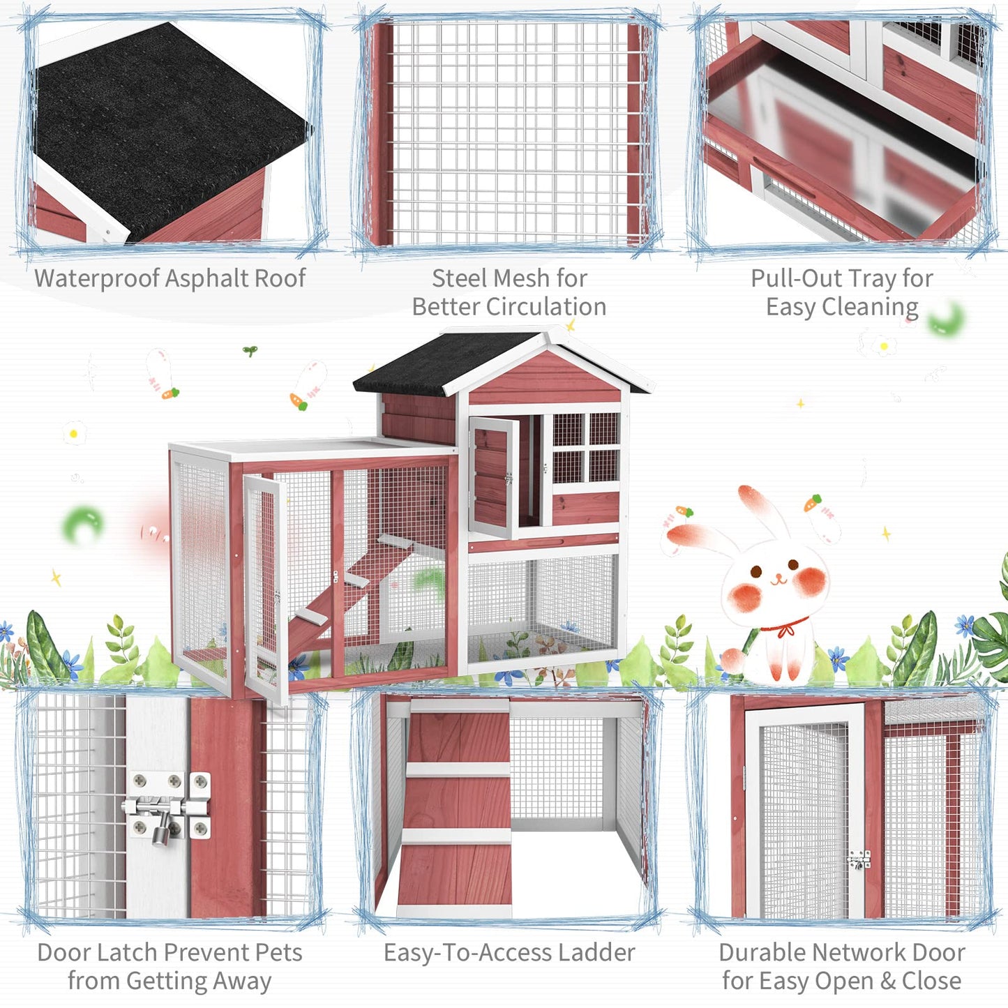 Tangkula Wood Rabbit Hutch, Outdoor Indoor Bunny Cage with Run, Removable Tray, Ramp, Ventilate Door, Waterproof Roof Chicken Coop Pet House for Chicken Rabbit Guinea Pig, 48.5 x 25 x 37 Inch, Red