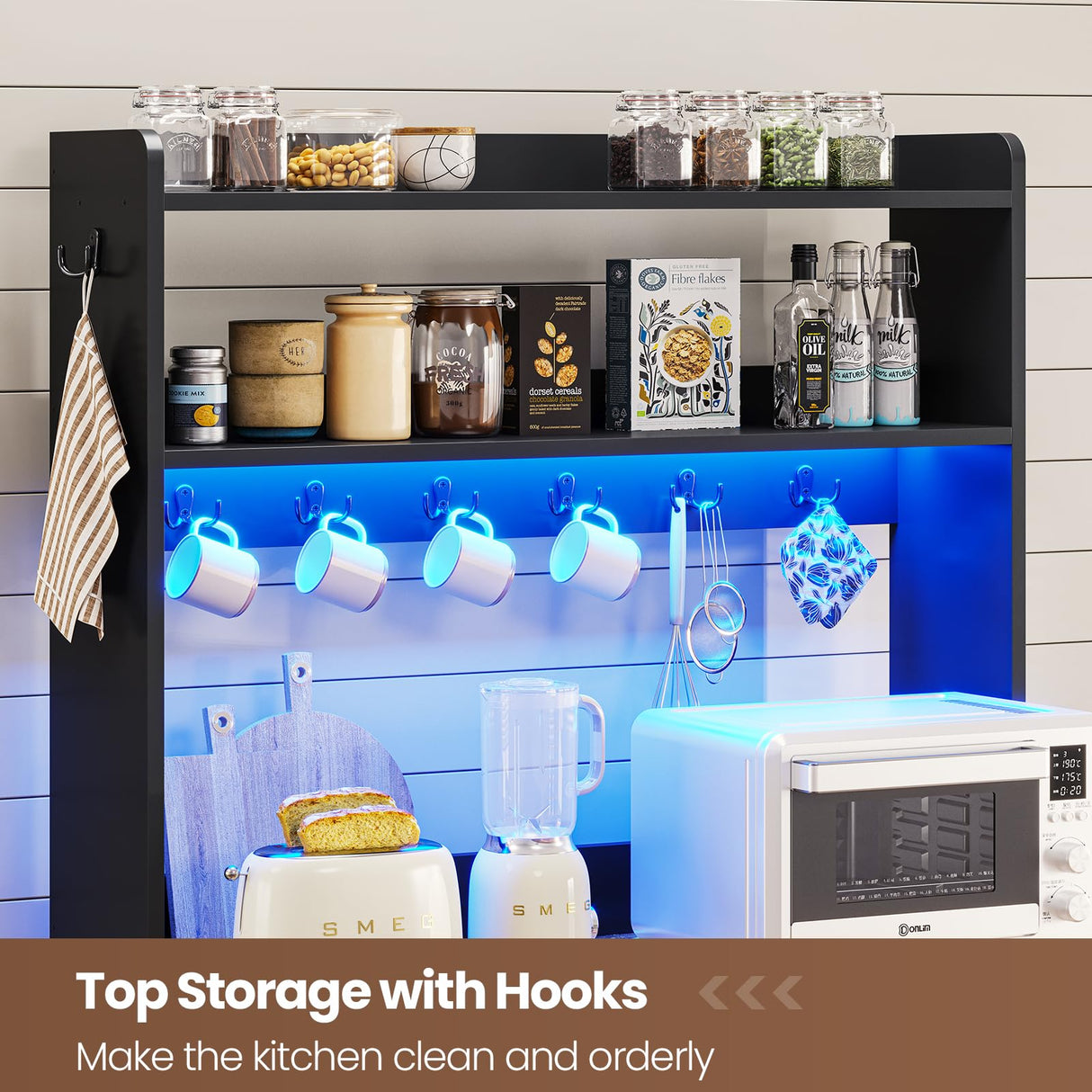 Itaar 35.4 inch Coffee Bar Cabinet, Bakers Rack with Power Outlet and Storage, Farmhouse Microwave Stand Kitchen Cabinet with Hutch, LED Lights, Wine Glass Holder and 8 Hooks, Black Itaar