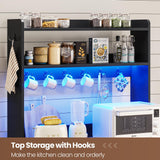 Itaar 35.4 inch Coffee Bar Cabinet, Bakers Rack with Power Outlet and Storage, Farmhouse Microwave Stand Kitchen Cabinet with Hutch, LED Lights, Wine Glass Holder and 8 Hooks, Black Itaar