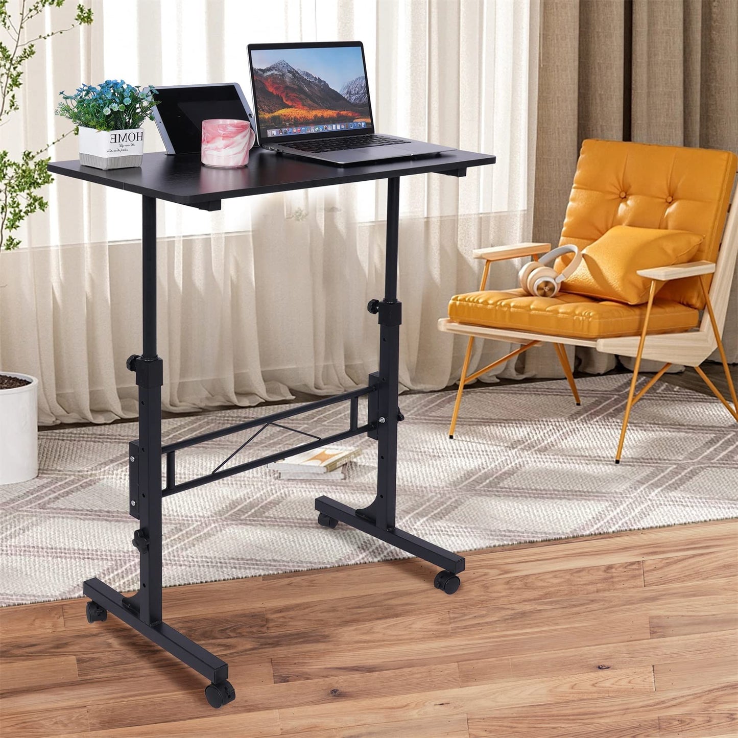 Standing Desk Adjustable Height, Mobile Stand Up Desk with Wheels Small Computer Desk Rolling Desk, Portable Laptop Desk Black Standing Table Sit Stand Home Office Desks 16"x31.5" Height 27"-43.5"