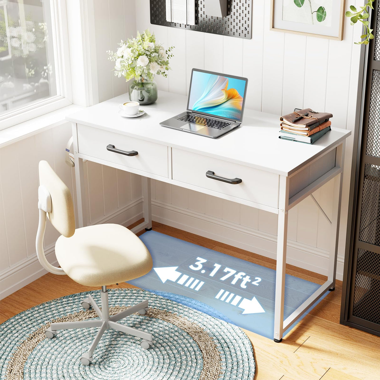 Casaottima 40 Inch Small Office Computer Desk with 2 Drawers & Headphone Hook - Compact Writing Desk for Home Office, Study or Work, Modern Space-Saving Design for Small Spaces, White Casaottima