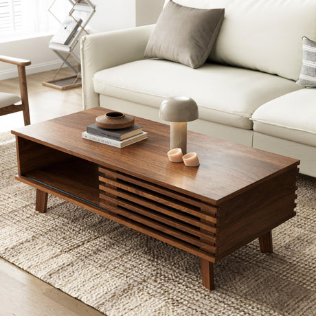 Furniway Mid Century Modern Coffee Table, Wood Coffee Table with Storage, Farmhouse Table for Living Room, Apartment, Walnut Furniway