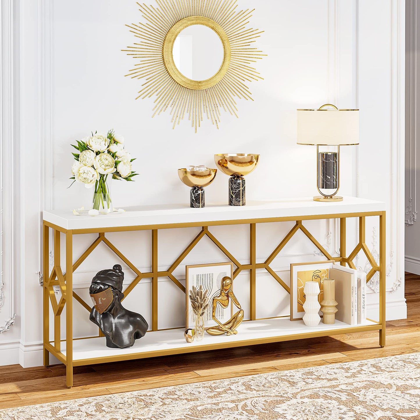 Extra-Long White and Gold Sofa Table with Open Storage Shelf by Tribesigns