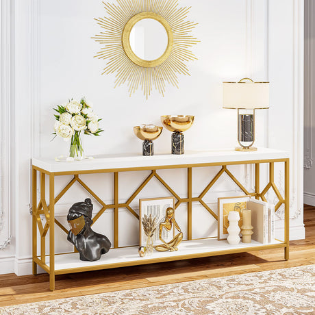 Extra-Long White and Gold Sofa Table with Open Storage Shelf by Tribesigns Tribesigns