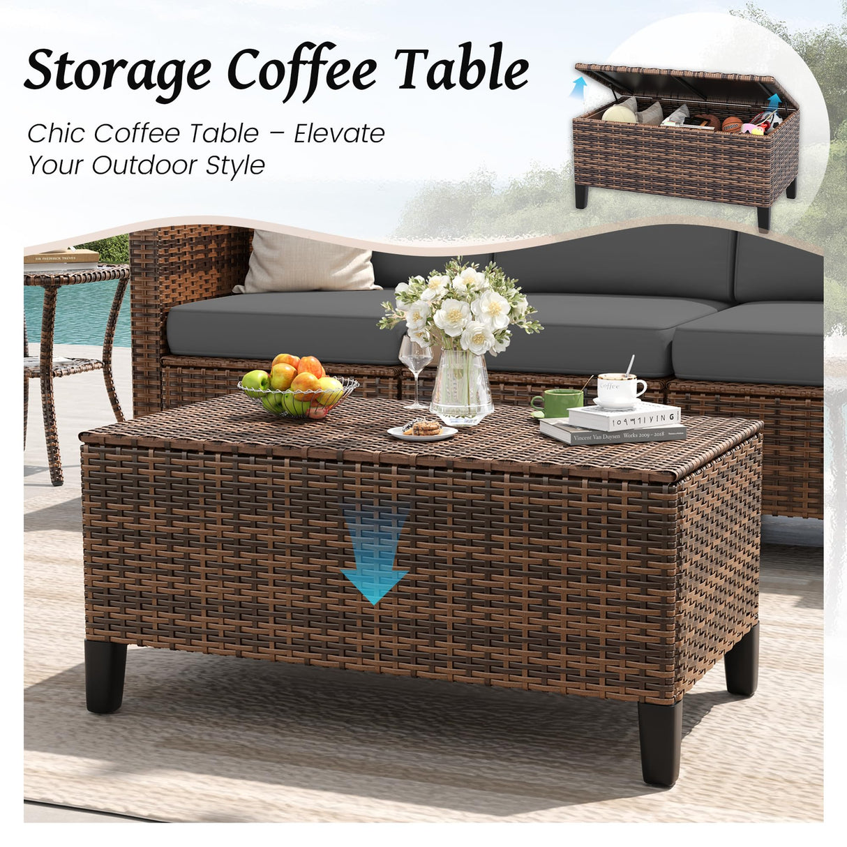 Amopatio Patio Furniture Set, Wicker Outdoor Sectional Sofa Sets, 7 Pieces Rattan Conversation Set with Storage Table, Swivel Chairs Include Waterproof, (Grey) Amopatio