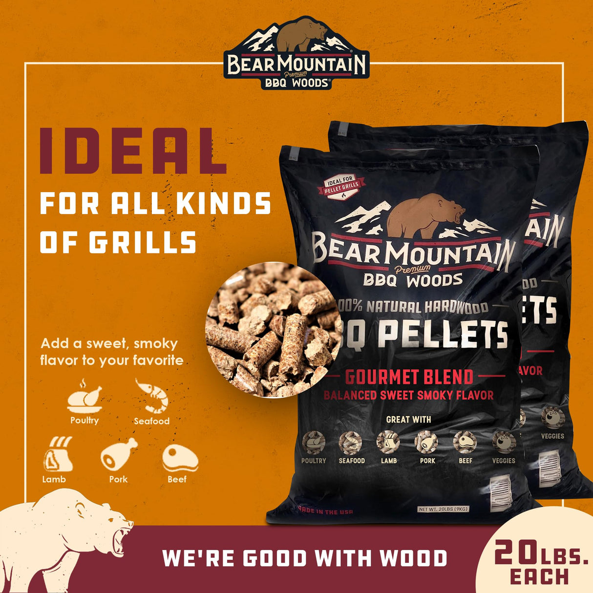 Bear Mountain 2-Pack Gourmet Blend Wood Pellets for Smoker, Grill & BBQ, 20 Lbs Bear Mountain Premium BBQ Woods