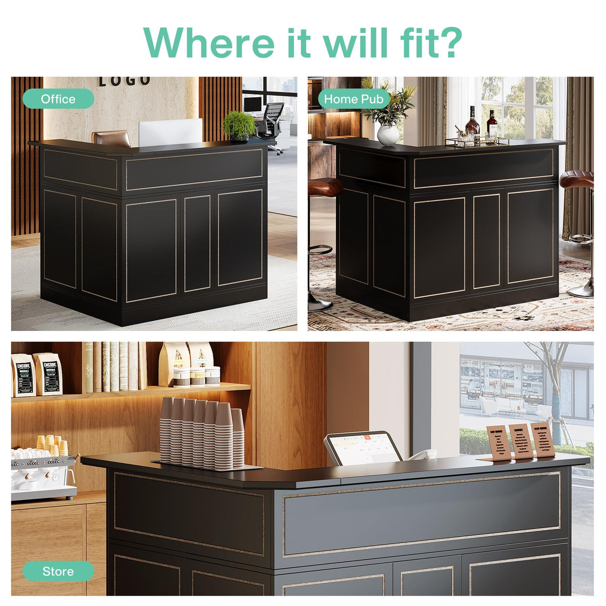 Tribesigns Reception Desk with Storage Shelves, L-Shaped Modern Front Desk, Reception Counter Table for Small Office, Salon, Checkout Office, Black Tribesigns