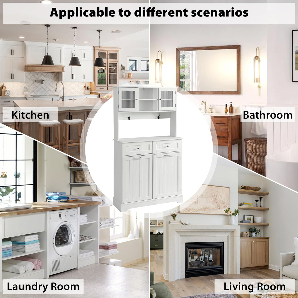 YOCONYO Tilt Out Trash Cabinet,Storage Cabinet,Two Solid Wood Hideaway Trash Holder Drawers,Wooden Freestanding Recycling Cabinets,Trash Can for Kitchen,White YOCONYO