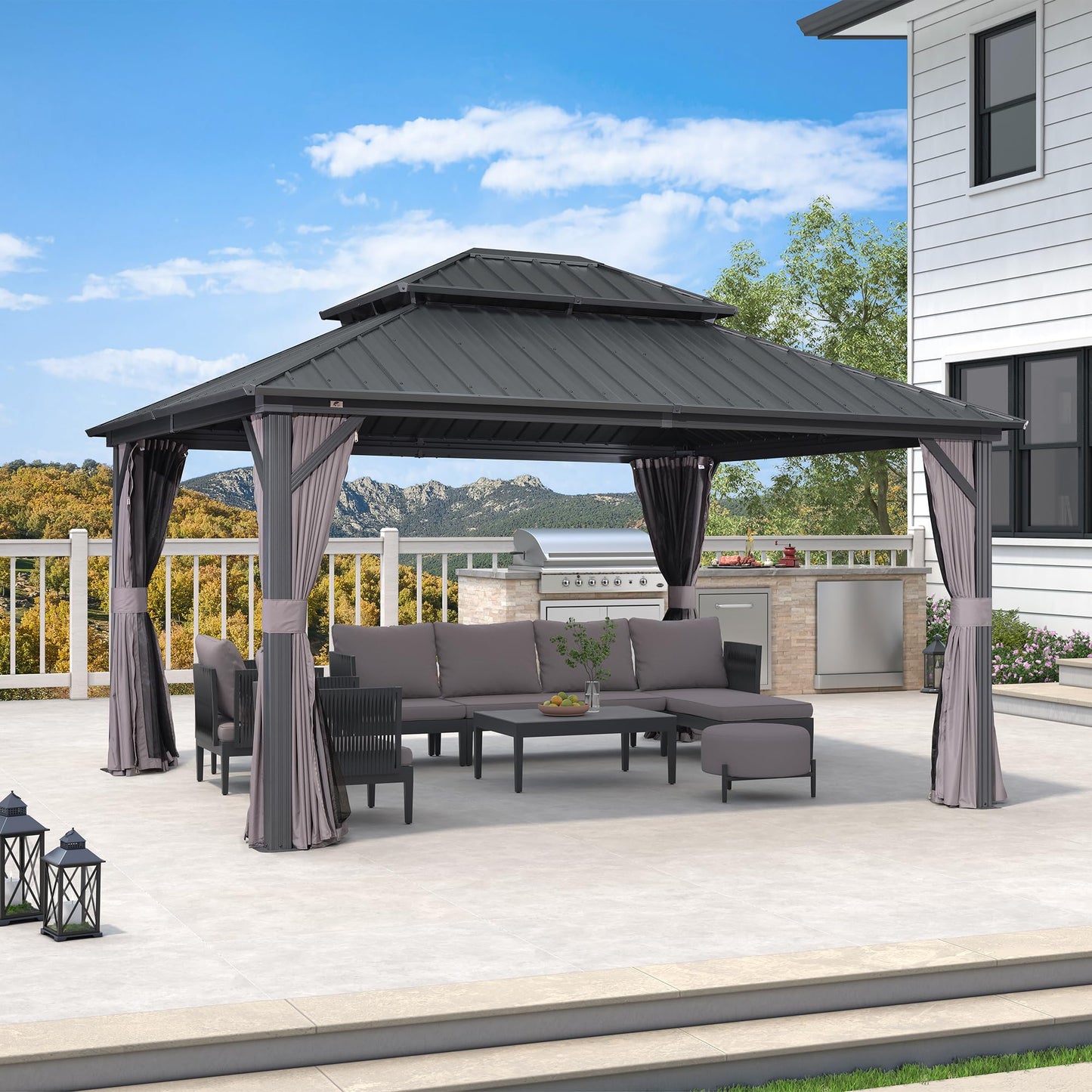 PURPLE LEAF 12' X 14' Hardtop Gazebo Patio Hardtop Gazebo with Heavy Duty Galvanized Steel Double Roof for Patio Lawn Garden, Netting and Curtains Included, Grey - WoodArtSupply