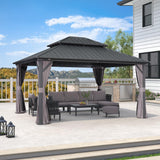 PURPLE LEAF 12' X 14' Hardtop Gazebo Patio Hardtop Gazebo with Heavy Duty Galvanized Steel Double Roof for Patio Lawn Garden, Netting and Curtains Included, Grey PURPLE LEAF