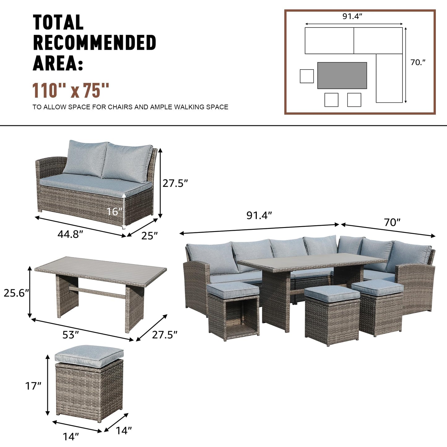 JOIVI Outdoor Patio Furniture Set, 7 Piece Patio Dining Sofa Set, Outdoor Sectional Couch Conversation Set All Weather Wicker Rattan Aluminum Desktop Dining Table & Chair with Ottomans, Gray  - WoodArtSupply