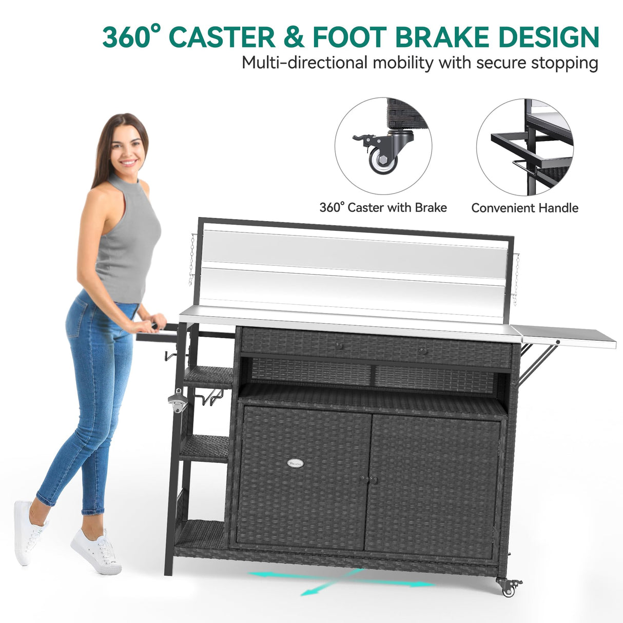 YITAHOME XL Outdoor Kitchen Wicker Island Rolling Cart & Storage Cabinet, Wheels and Stainless Steel Extended Table Top, Side Handle for Patio Kitchen or Bar Cart, Dark Brown YITAHOME