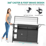 YITAHOME XL Outdoor Kitchen Wicker Island Rolling Cart & Storage Cabinet, Wheels and Stainless Steel Extended Table Top, Side Handle for Patio Kitchen or Bar Cart, Dark Brown YITAHOME