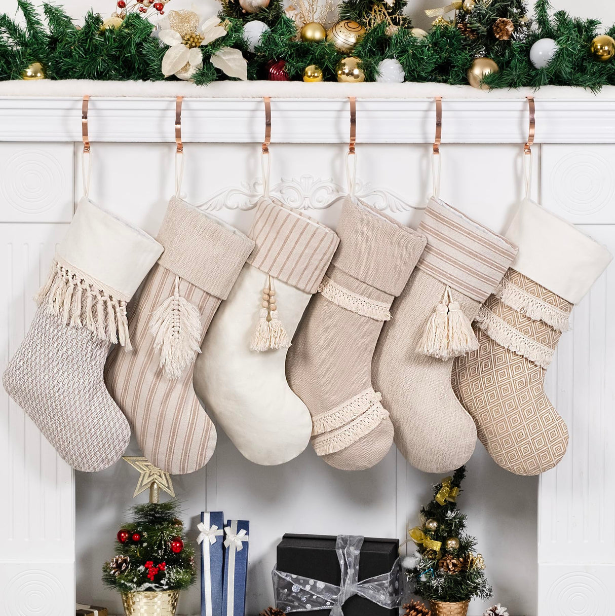 GEX Christmas Stockings 6 Pack for Family 20" Large Rustic Farmhouse Country Xmas Stockings with Tassels Hanging Ornament Decorations for Fireplace Xmas Season (Beige, Set of 6) GEX
