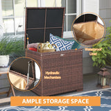 JOIVI 8 Pieces Patio Furniture Set with Fire Pit Table, Outdoor Sectional Conversation Set, Wicker Rattan Sofa Set with Storage Box for Garden, Poolside, Backyard, 3 Red Pillows Included, Brown JOIVI