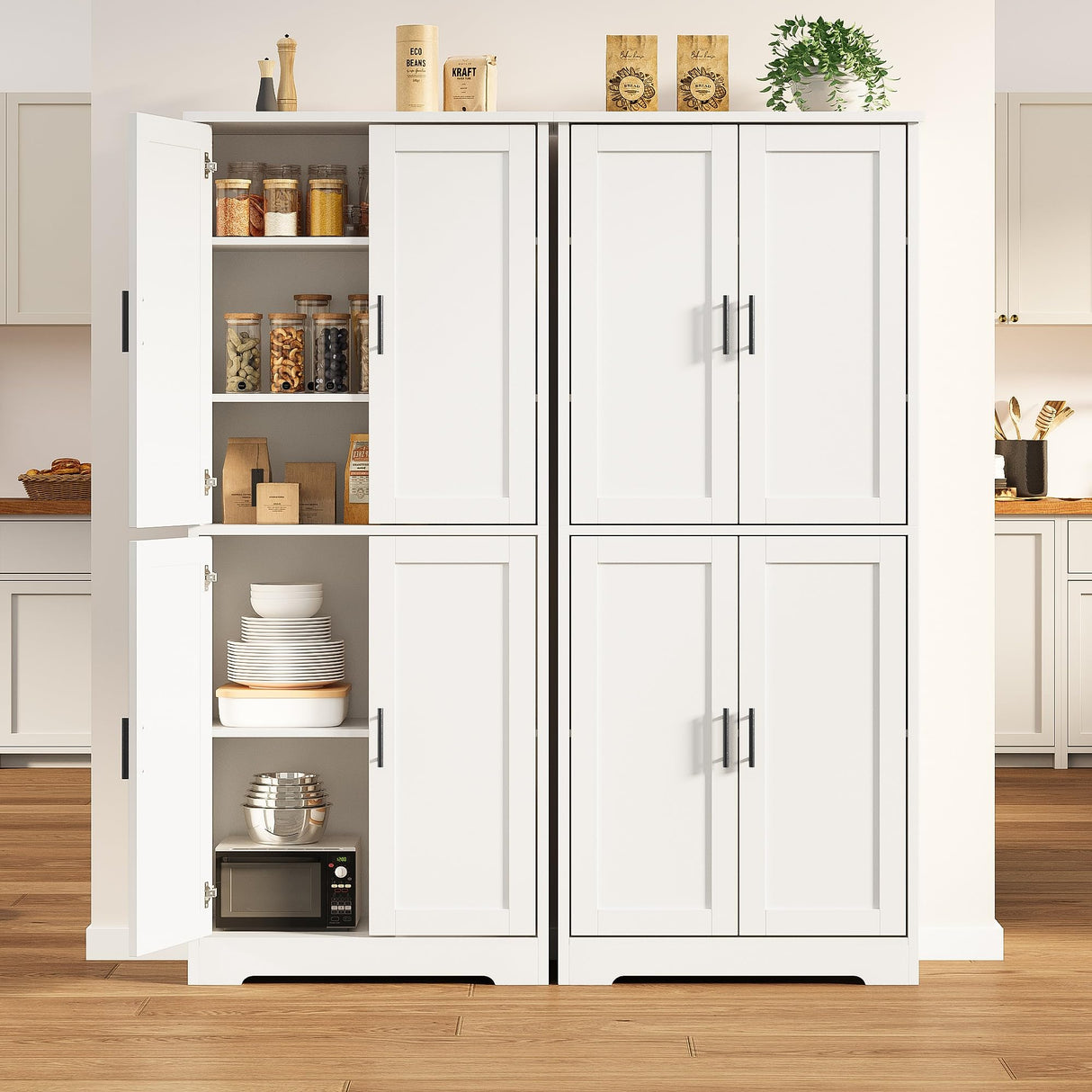 GarveeHome 70 in Tall Kitchen Pantry Cabinet, Freestanding Storage Cabinet with 4 Doors and Adjustable Shelves, Utility Hutch Cupboard for Dining Room, Bathroom, Living Room (Style A, White) GarveeHome