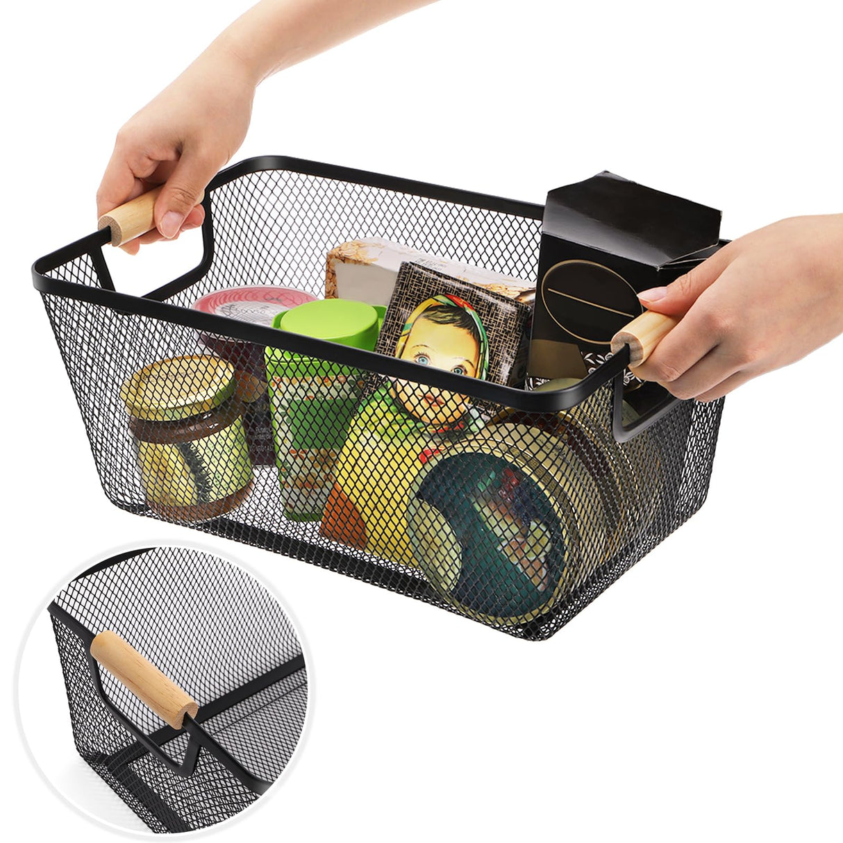 Noamus 3 Pack Metal Mesh Basket with Wooden Handle, Farmhouse Wire Steel Storage Bins, Rectangle Fruit Vegetable Organizer Containers for Home Cabinet Pantry Kitchen Decor, Snack Gift (Black, 3 Size) Noamus