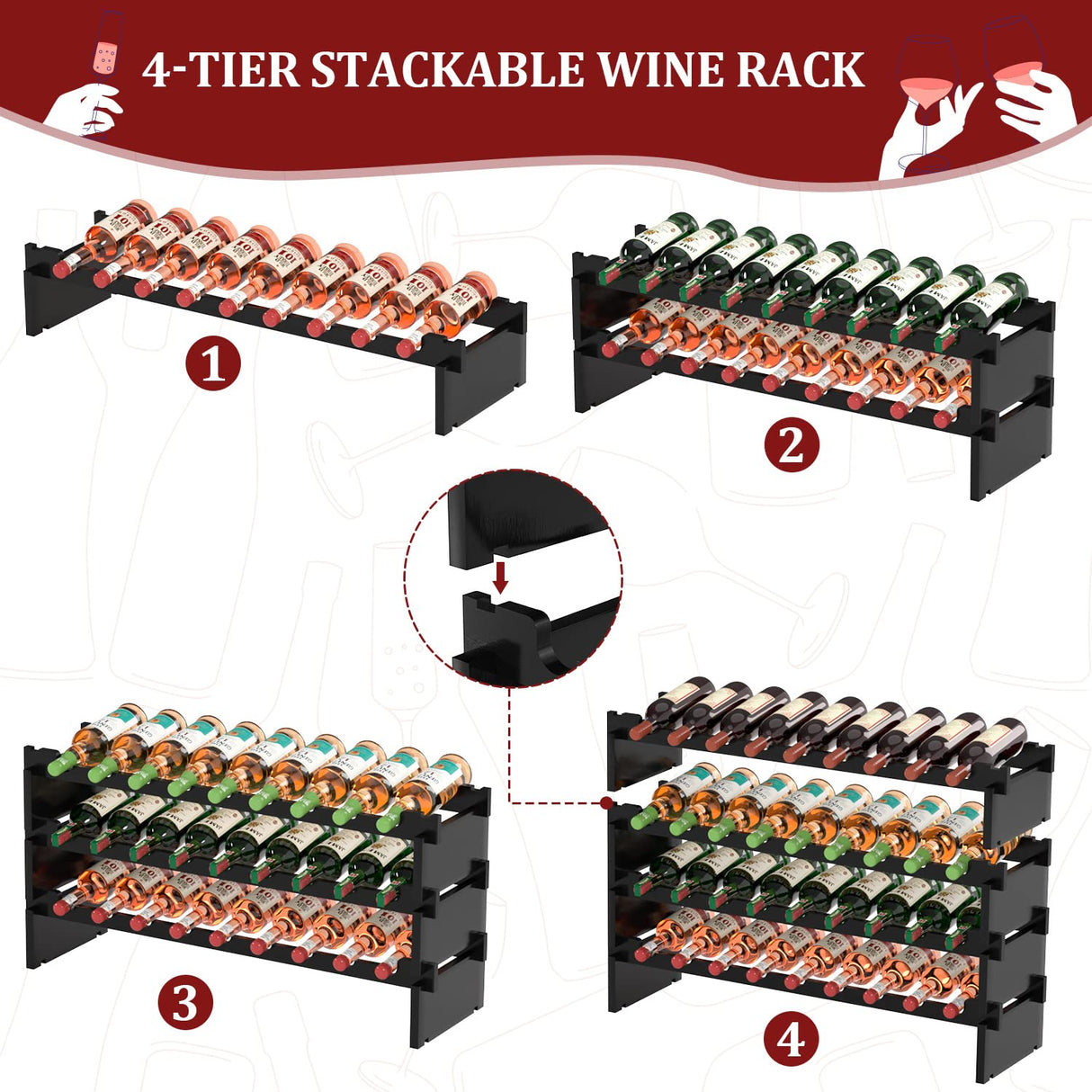 Domax Wine Rack Freestanding Floor - 4 Tiers Stackable Wine Rack 36 Bottle Wine Bottle Holder， Bamboo Wine Holder Wine Storage for Kitchen, Bar, Pantry, Wine Cellar and Countertop (Black) Domax