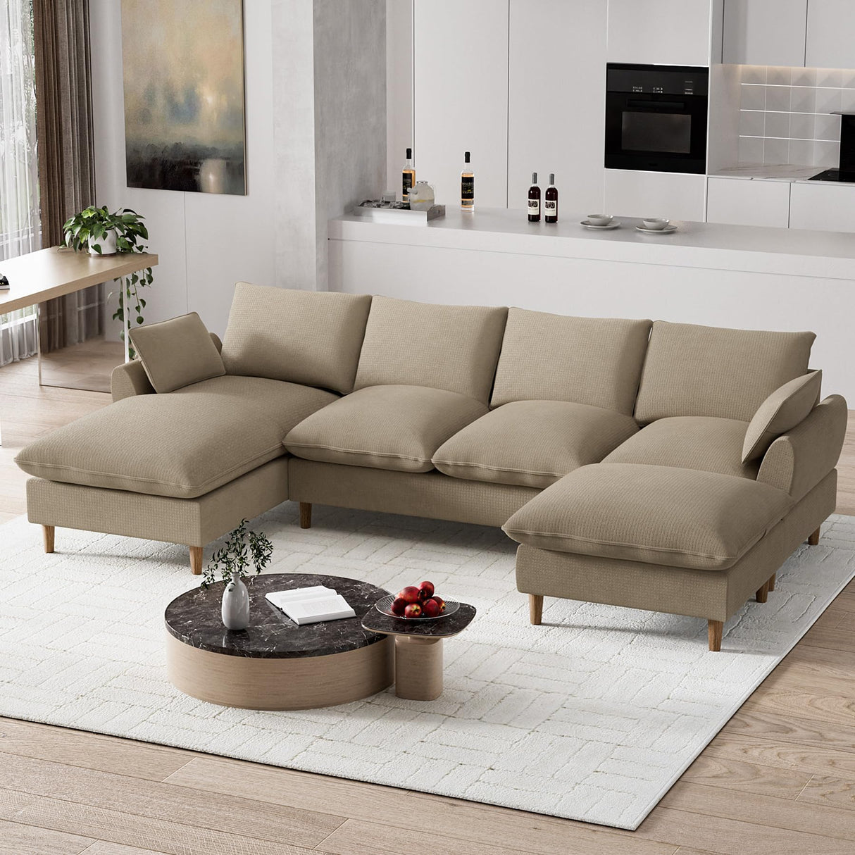 Nolohoo Cloud Couch Sectional Sofa, Modern Large Modular Sofas with Chaise, Convertible Ottoman, 112" Comfy Fluffy U Shape Sectional Couches for Living Room, Apartment, Light Brown Nolohoo