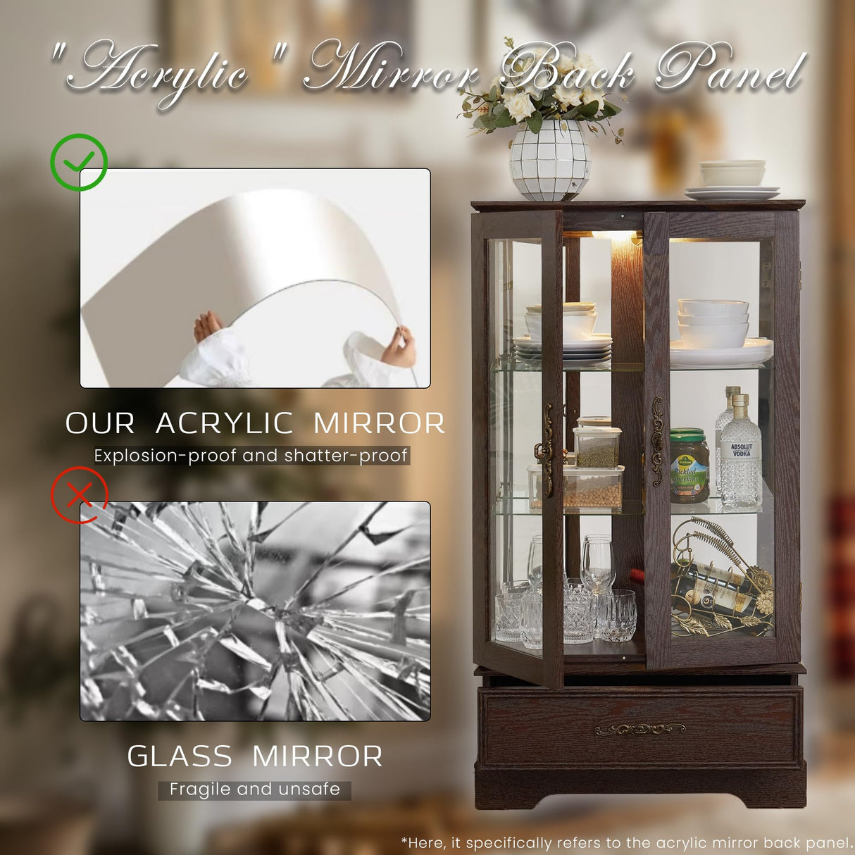 CKEASEAN Curio Cabinet 47" H Vintage Glass Display Cabinet with 3-Tier Adjustable Glass Shelves, Acrylic Mirrored Back Pane, Light Blub Included, China Cabinet for Living Room (Dark Cherry) CKEASEAN