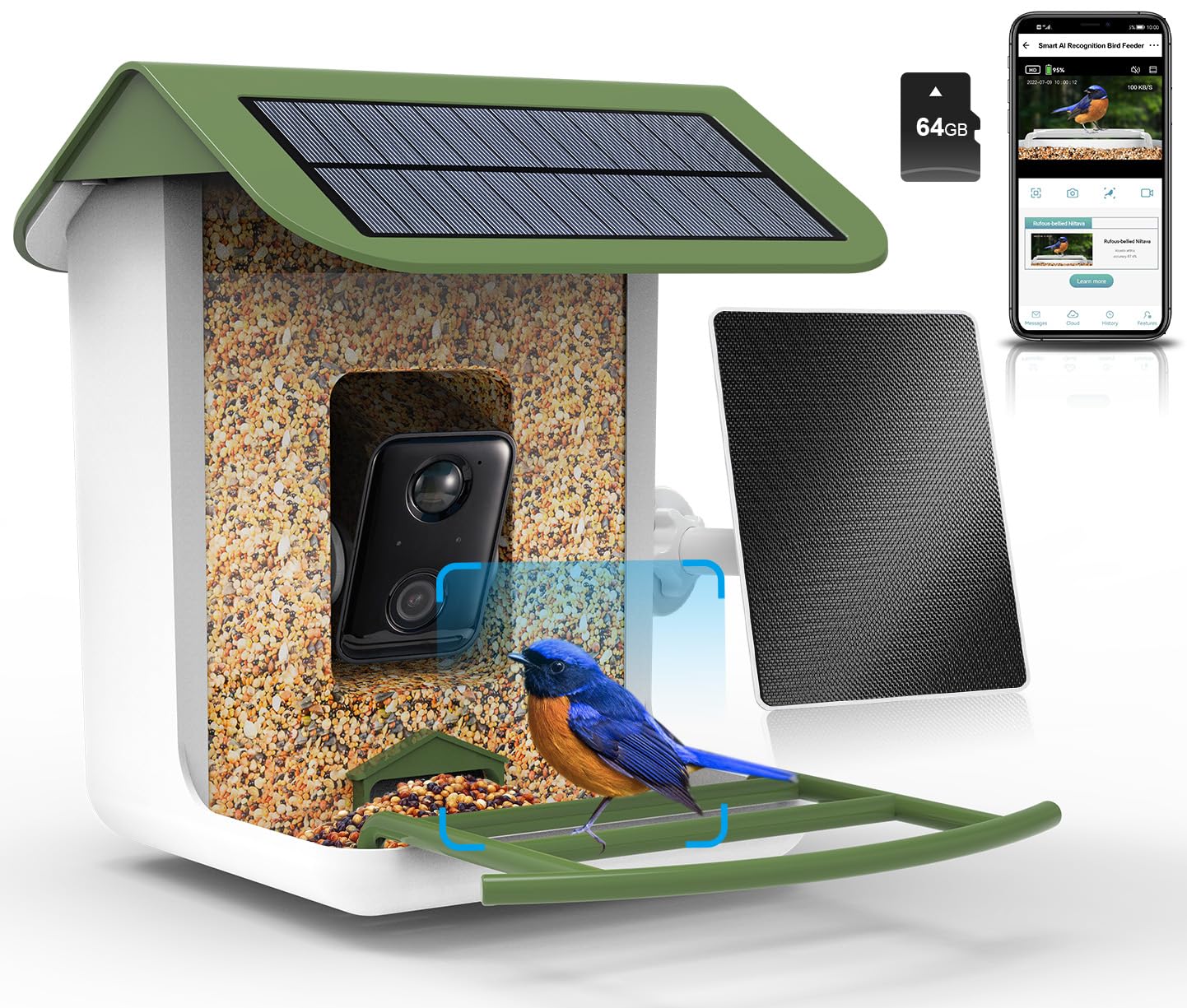 Smart Bird Feeder with Camera, Free AI Identify Bird Feeder, Newest Dual Solar Bird Feeder with 64G High Speed TF Card, 1080P HD Bird Camera Auto Capture Bird Videos & Will Notify, Gift for B - WoodArtSupply