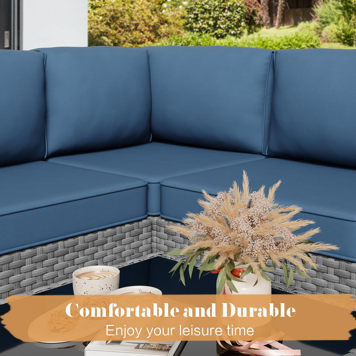 JAMFLY 5 Piece Outdoor Patio Furniture Set, PE Rattan Conversation Sofa Set with Thick Cushions & Glass Top Coffee Table, All-Weather Outside Furniture for Garden, Porch, Aegean Blue JAMFLY