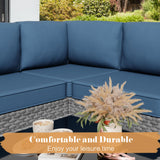 JAMFLY 5 Piece Outdoor Patio Furniture Set, PE Rattan Conversation Sofa Set with Thick Cushions & Glass Top Coffee Table, All-Weather Outside Furniture for Garden, Porch, Aegean Blue JAMFLY