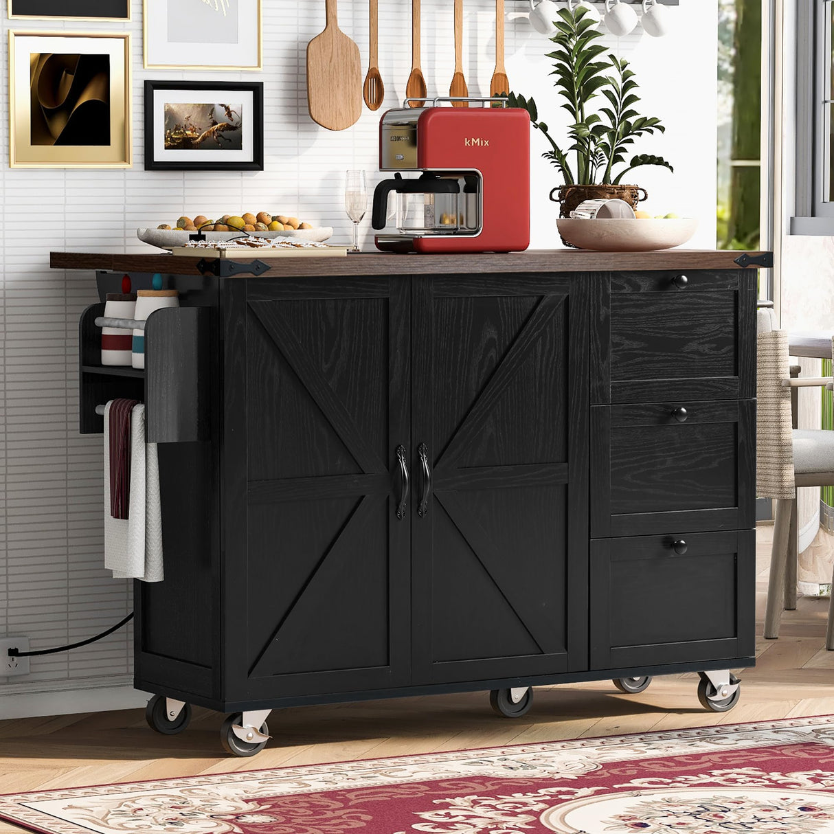 Farmhouse Kitchen Island with Power Outlet, Drop Leaf, Spice Rack and Drawer,Rolling Kitchen Cart on Wheels,Kitchen Storage Island for Home Dining Room (Black/p2) CKLMMC