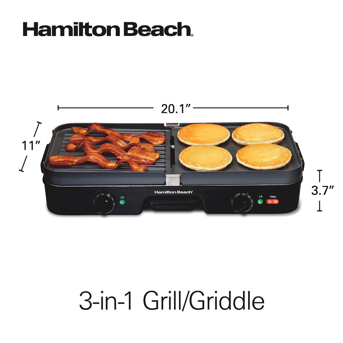 Hamilton Beach 3-in-1 Electric Indoor Grill + Griddle, 8-Serving, Reversible Nonstick Plates, 2 Cooking Zones with Adjustable Temperature (38546), Black