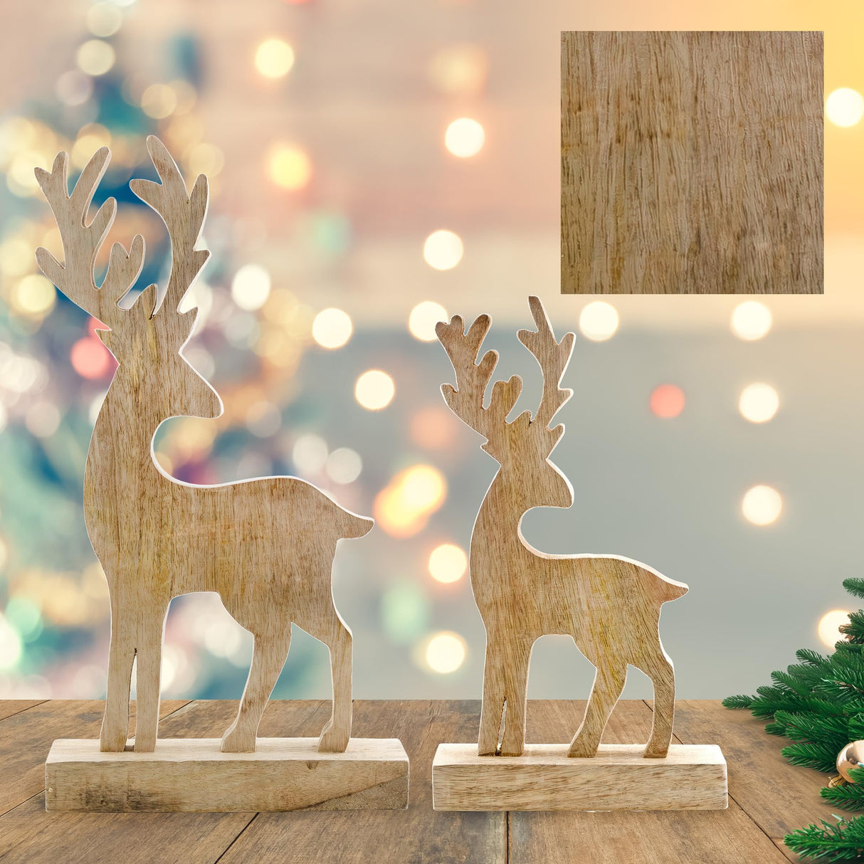 AuldHome Wooden Reindeer Christmas Statues (Set of 2); Primitive Style Mango Wood Holiday Figurines AuldHome Design