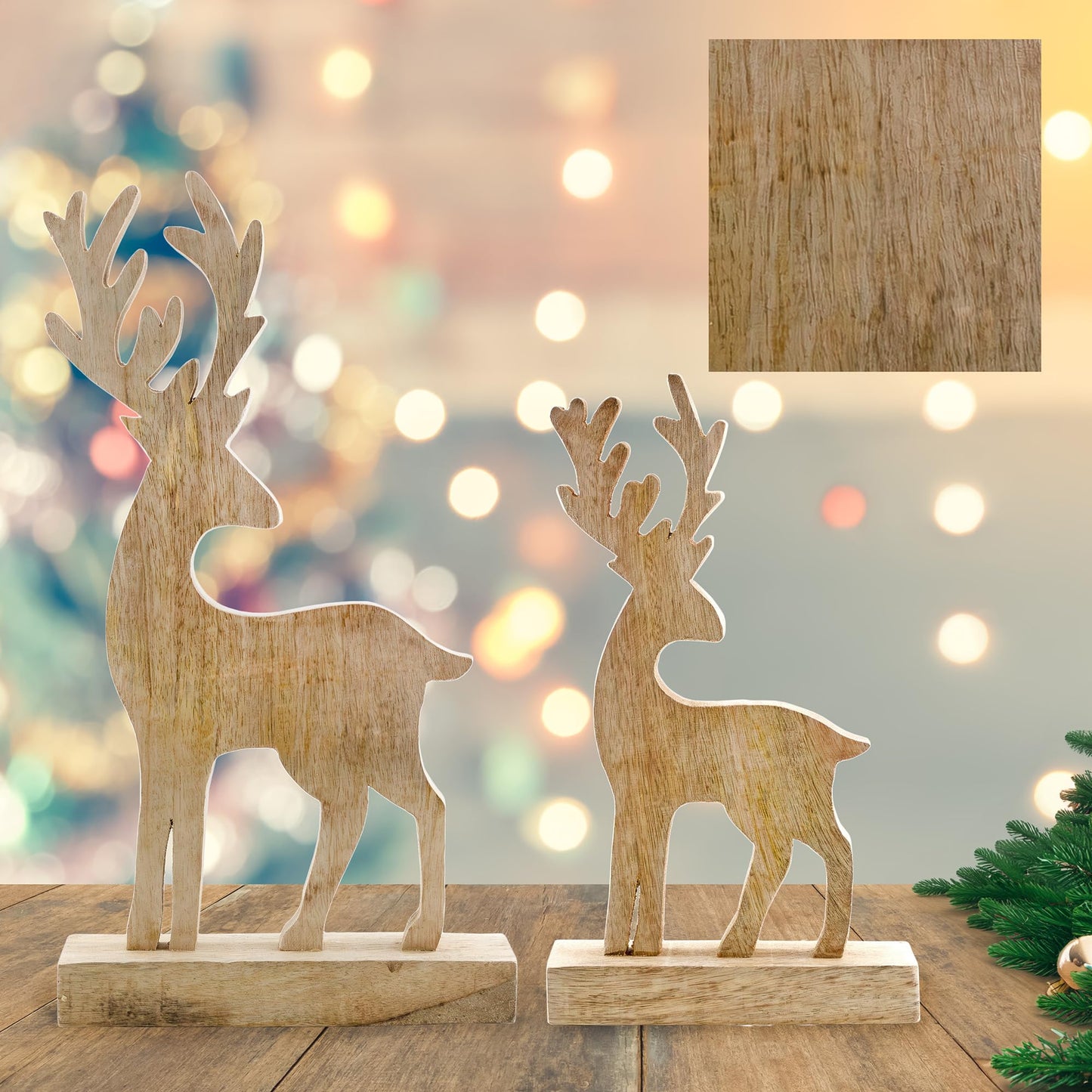 AuldHome Wooden Reindeer Christmas Statues (Set of 2); Primitive Style Mango Wood Holiday Figurines