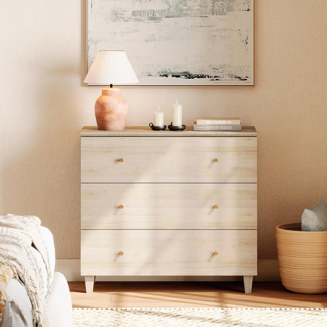 WAMPAT 3-Drawer Kids Dresser for Bedroom, Modern Small Chest of Drawers with Gold Knobs, 35 Inch Wide Light Oak Wood Children Dresser for Baby Room, Nursery, Living Room WAMPAT