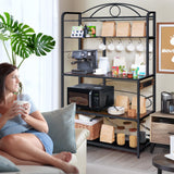 Home Limpidity Large Bakers Rack for Kitchen, 40-inch Wide Coffee Bar Station with Power Outlet, 5 Tier Microwave Stand Storage Shelf with S-Shaped Hooks, Metal Frame with Brown Wood Tabletop Home Limpidity