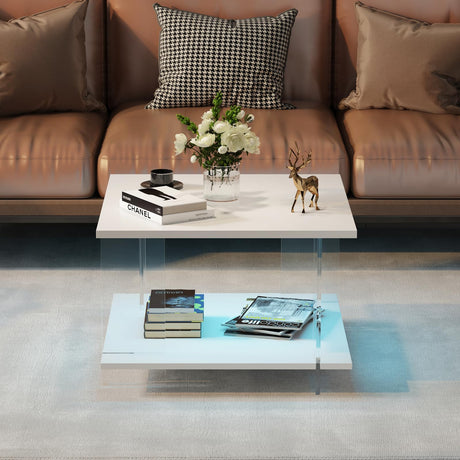 HedoAjim 24" Acrylic Coffee Table with White Wood Tabletop, Minimalist Stylish Modern Square Center Table for Living Room,Led Living Room Table with Storage Shelf & Acrylic Frame for Small Space HedoAjim