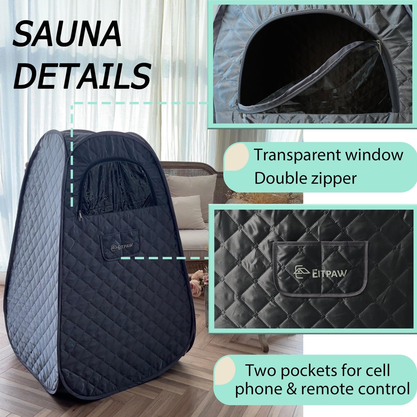 Eitpaw Portable Sauna for Home, Personal Steam Sauna for Home Spa, Full Size Portable Sauna with Foldable Chair, Remote Control Included, Grey, 110V